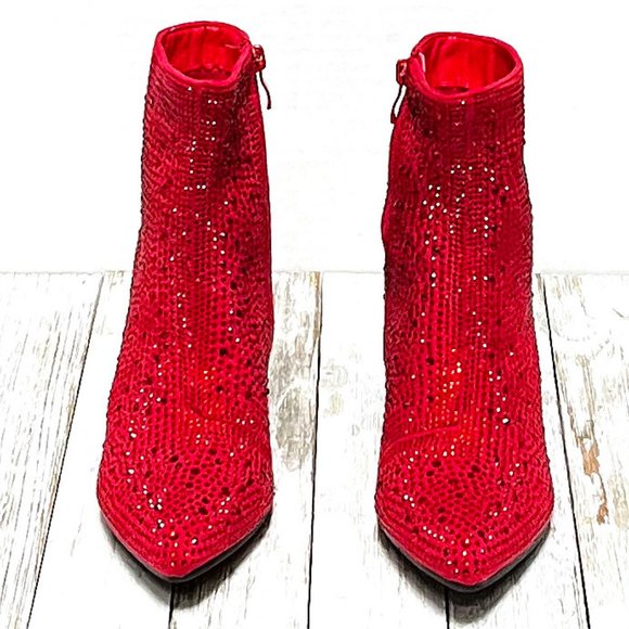 New Women Red Rhinestone Blingy Pointed Toe Ankle Boots Booties - Picture 3 of 8